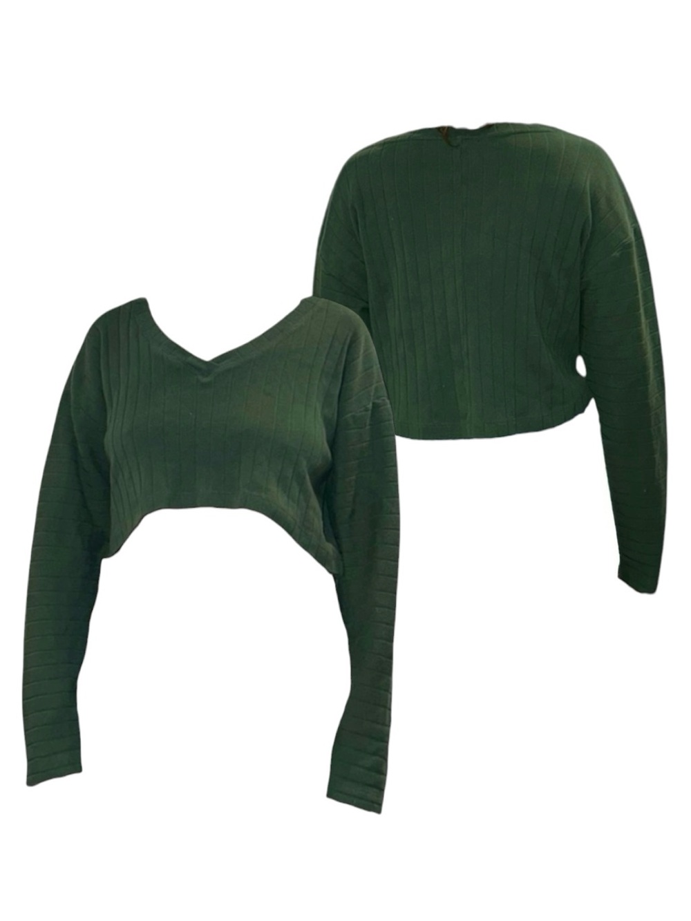 Forever 21 Dark Green Ribbed V-Neck Cropped Long-Sleeve Sweater Top